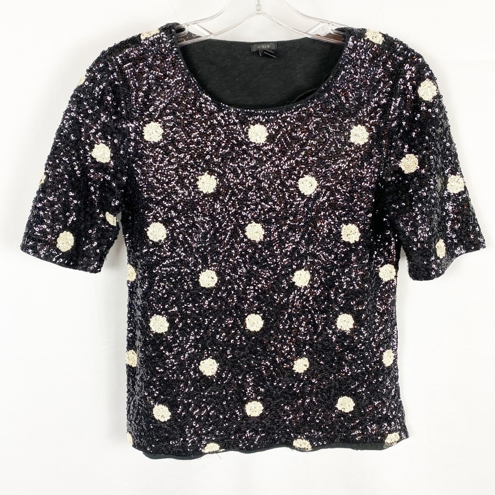 J CREW Sequined Polka Dot Black & White Top